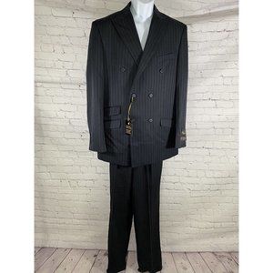 NWT Falcone Superlative 150s Blue Black Striped Pant Suit 42L 35W